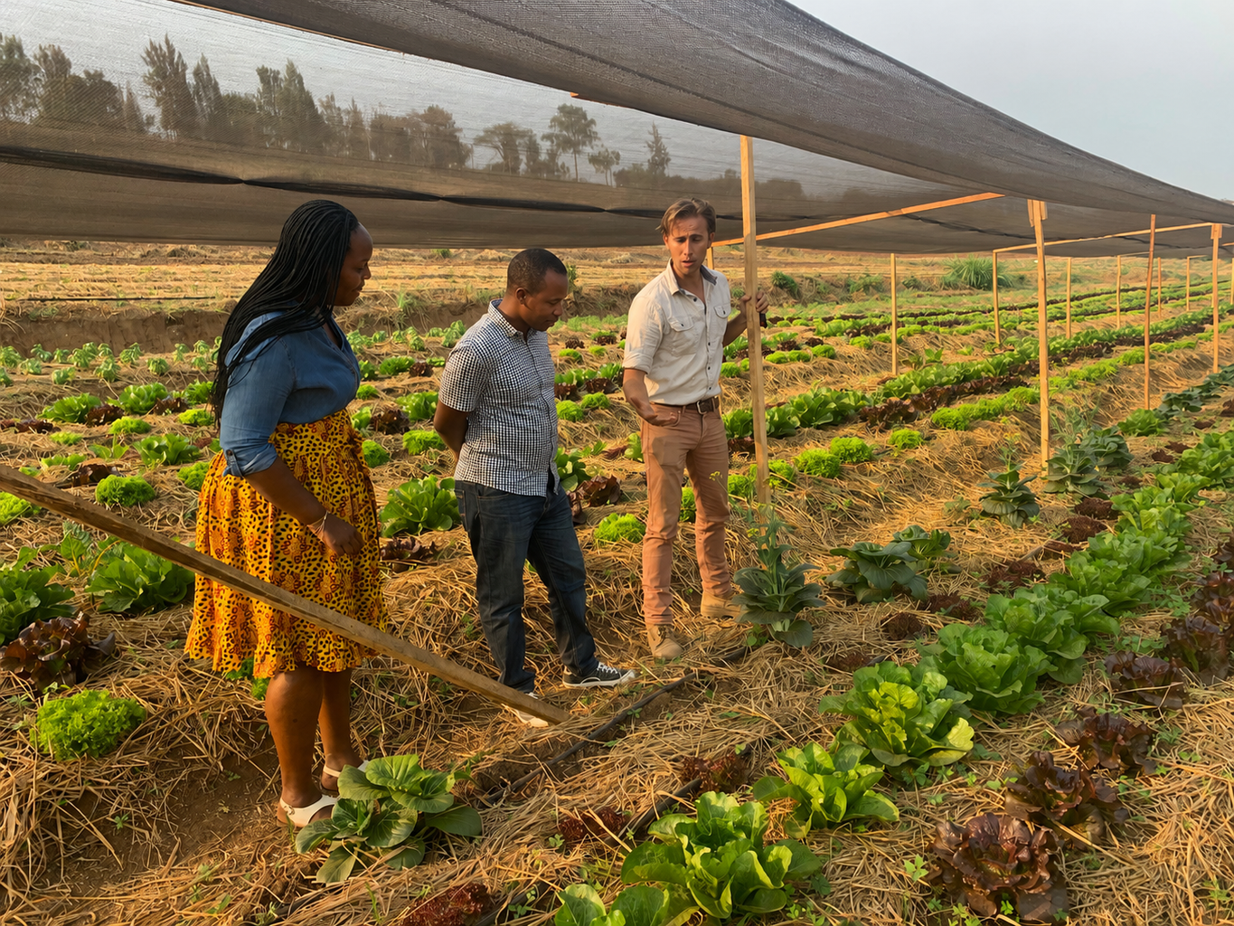 Agricultural consultants and farmers discussing sustainable farming practices in the field