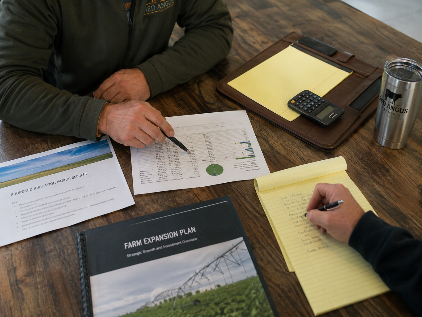 Agricultural project financing and investment planning meeting with farm expansion documents
